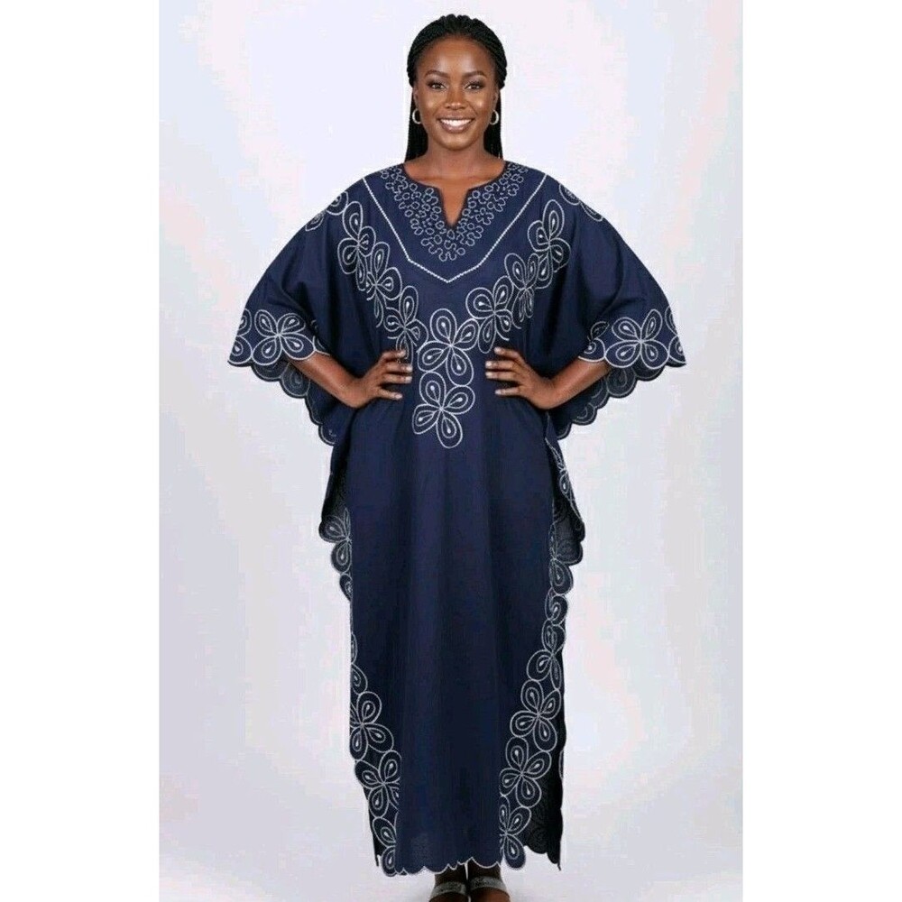 Vintage Ashanti Women Dark Blue African 100% Linen Kimono Kaftan Embroidered OS